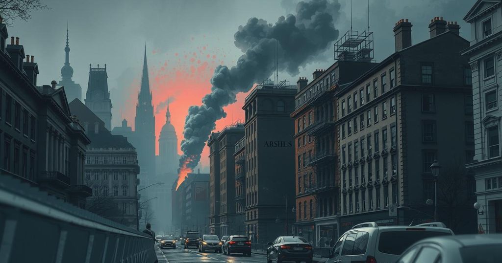 A dark urban landscape with barricades, smoke, and shadows symbolizing unrest.