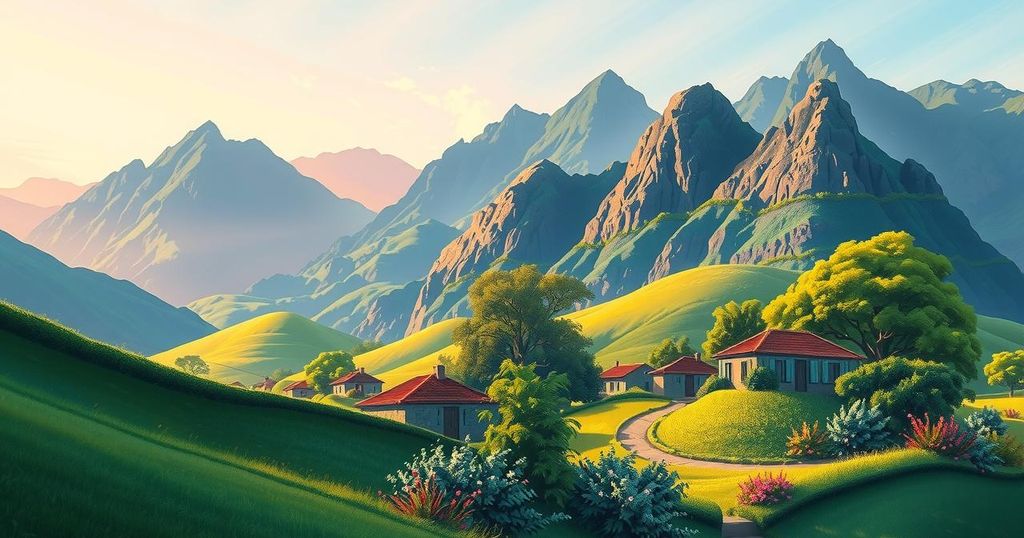 A serene landscape depicting a peaceful Cameroonian village surrounded by mountains and lush greenery in vibrant colors.