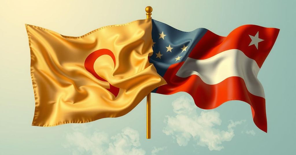 Two flags intertwined symbolizing diplomacy between countries discussing global issues.