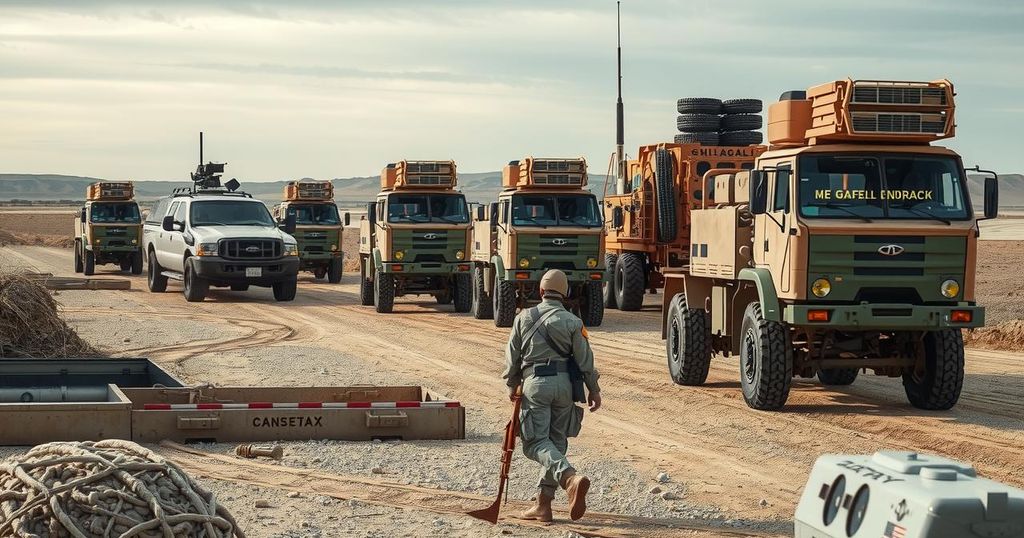 A military engineering unit preparing for operations, with subtle earth tones, capturing the seriousness of the situation.