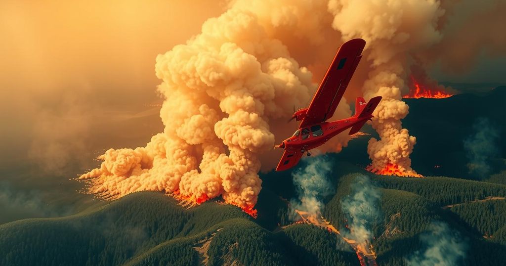 Aerial view of wildfire smoke swirling over a forest landscape with firefighting aircraft above, captured in vibrant colors.