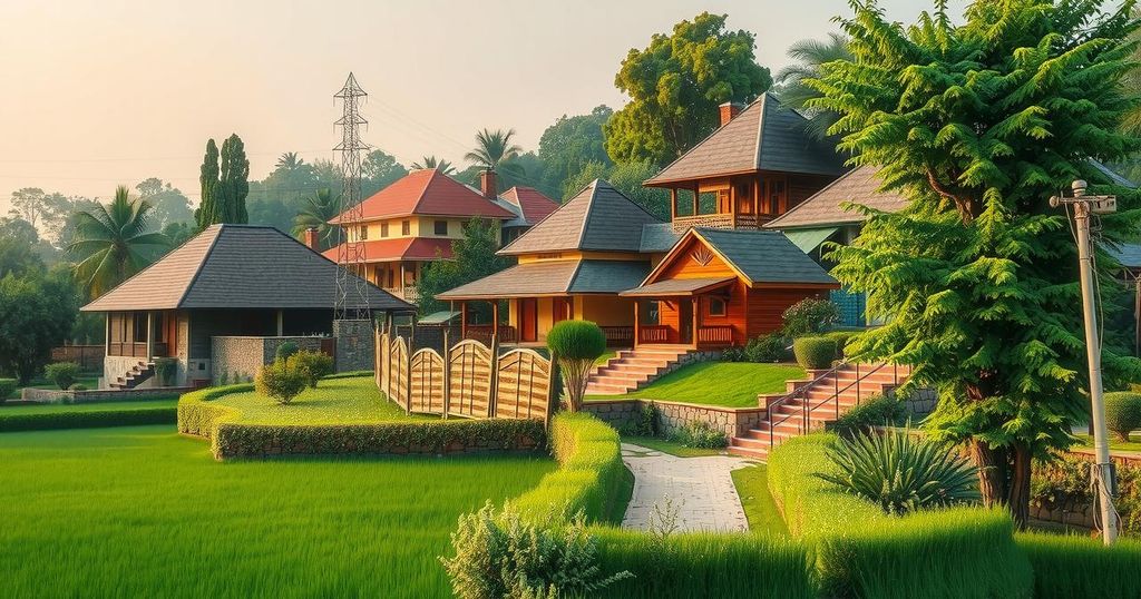 A serene village landscape depicting peaceful rural life in Punjab, with lush green fields and vibrant farmhouses.