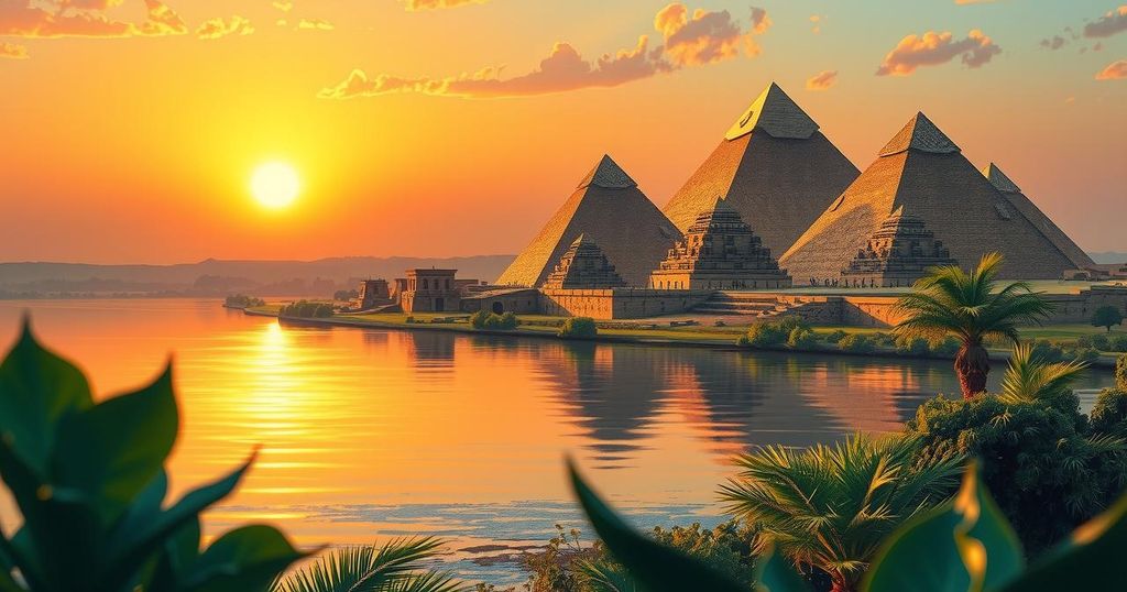 Beautiful Egyptian pyramids with the Nile River and sunset in the background featuring warm colors and detailed architecture