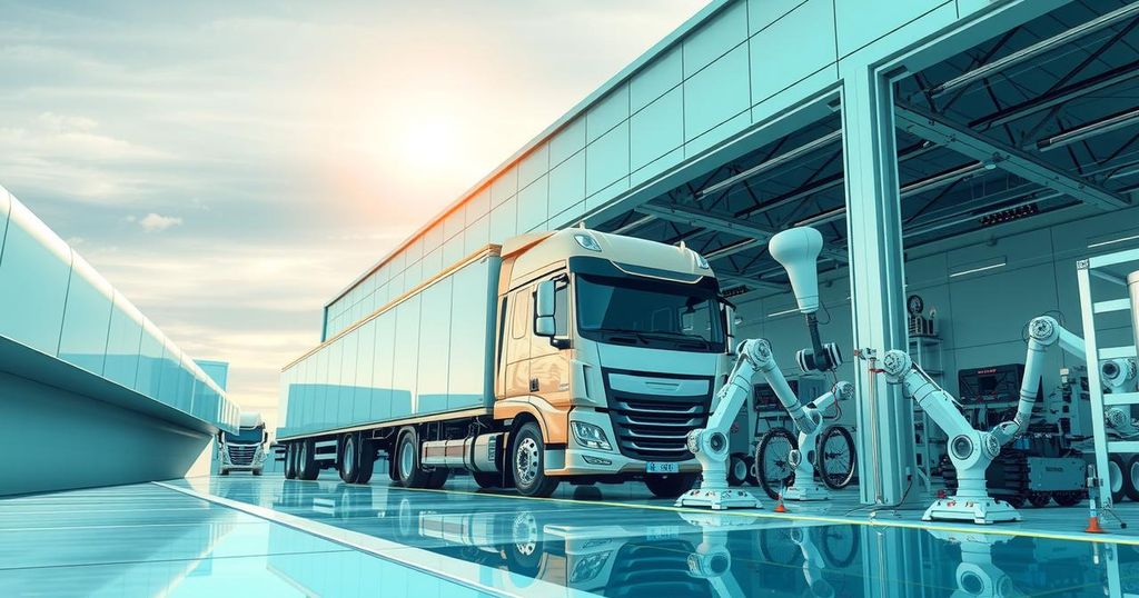 Conceptual illustration of a modern truck assembly plant with futuristic design and eco-friendly colors.