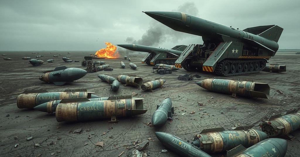 A military landscape with artillery shells, ballistic missiles, and North Korean flags amidst smoke and conflict.