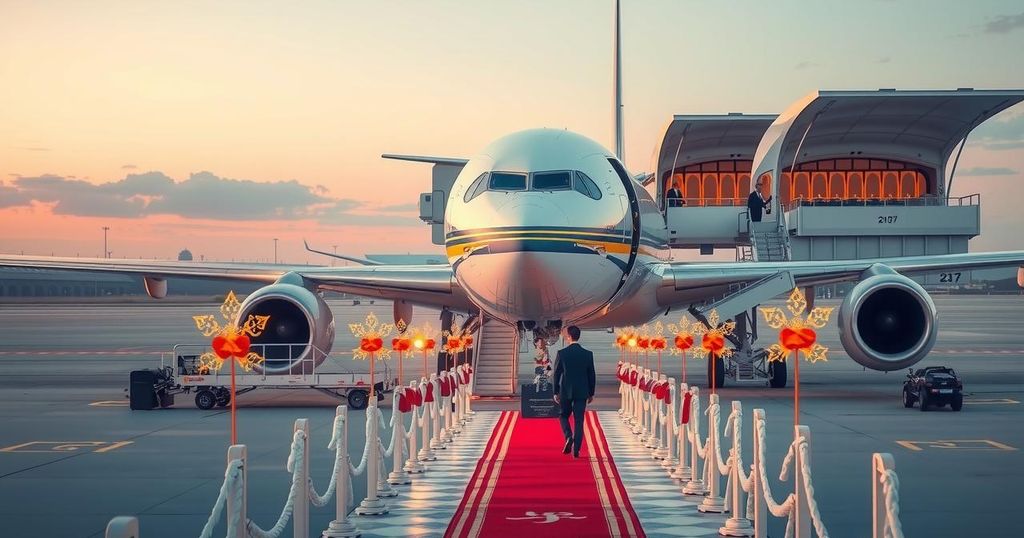 Emperor and Empress departing for Mongolia, with a government plane in the background and a formal ceremony setting.
