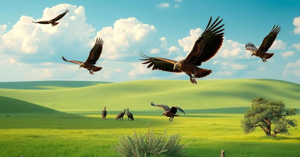 Vultures soaring in a clear blue sky above a lush green landscape, capturing the essence of wildlife liberation.