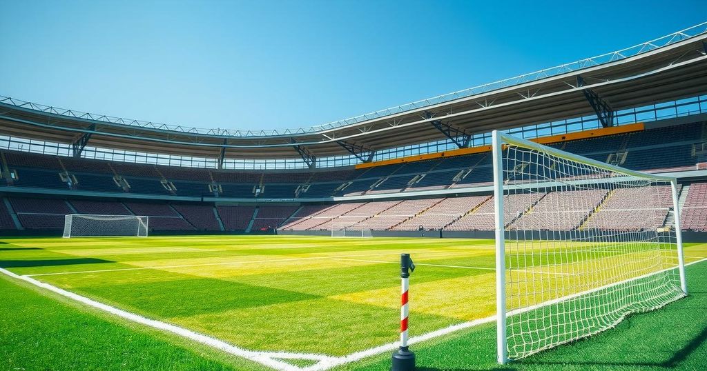 Colorful soccer pitch with a vibrant green field and goalposts under a bright blue sky, conveying sports excitement.