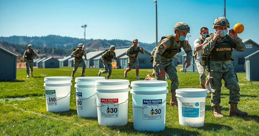 Soldiers practicing health protocols with sanitizing stations and fitness activities in a camp environment.
