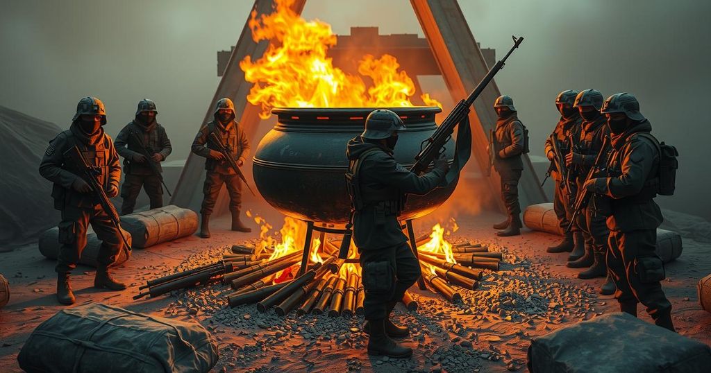 Kurdish fighters ceremonially burning weapons in a cauldron, symbolizing peace efforts in the Middle East.