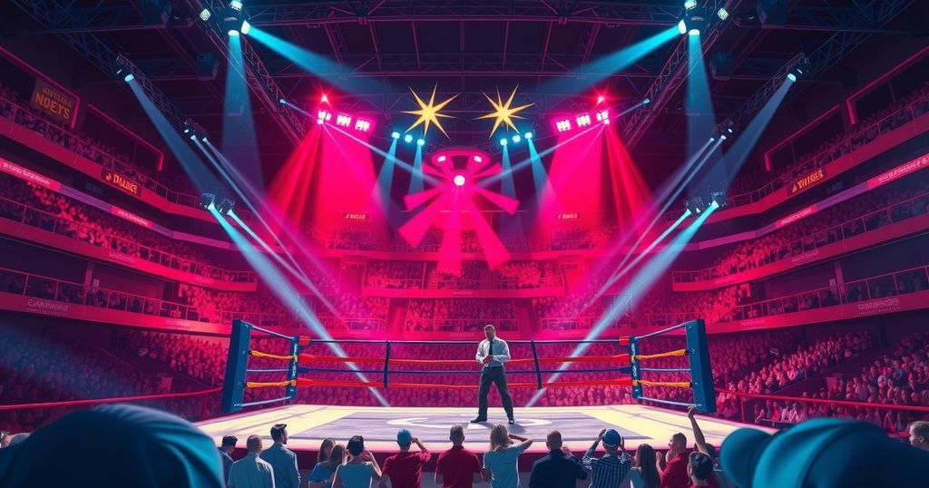 A conceptual illustration of a boxing arena with vibrant colors, showcasing an exciting fight event in Uruguay.