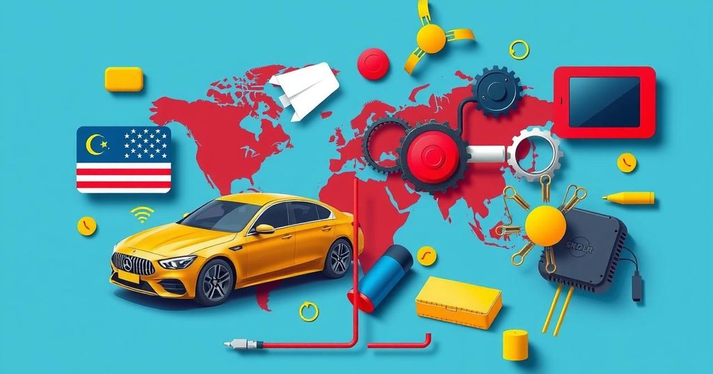A symbolic representation of international trade tariffs impacting cars and electronics with abstract colors.