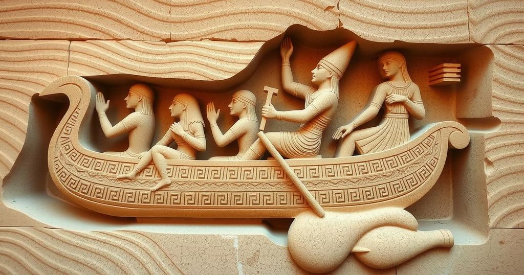 Rock carving of ancient Egyptian kings on sandstone near Aswan with a boat and figures symbolizing early rulership.