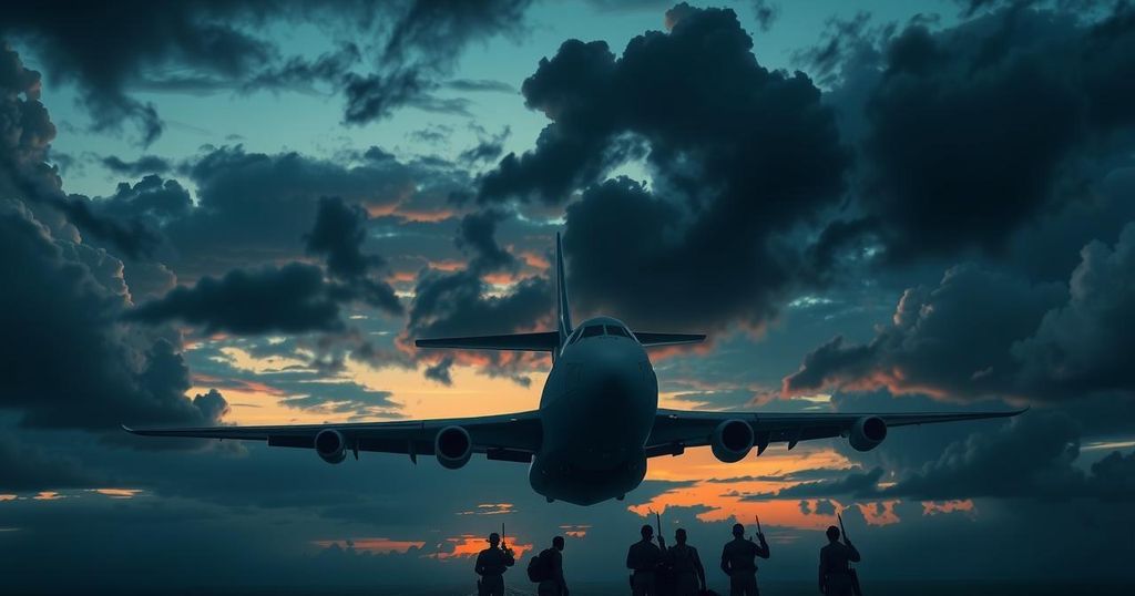 A dramatic scene of a transport plane landing at an airport with a cloudy sky and silhouettes of guards near the aircraft.