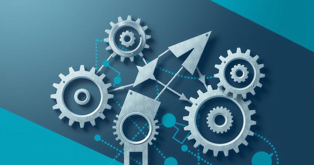 A conceptual representation of medtech supply chain dynamics, featuring gears and arrows, symbolizing trade tensions.