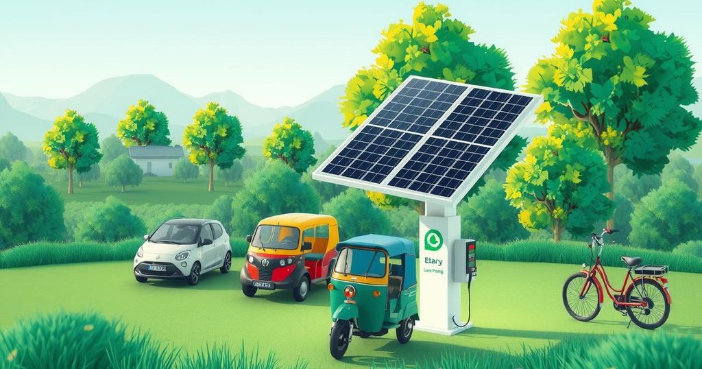 A vibrant solar-powered charging station surrounded by electric vehicles in a modern, sustainable Nigerian landscape.