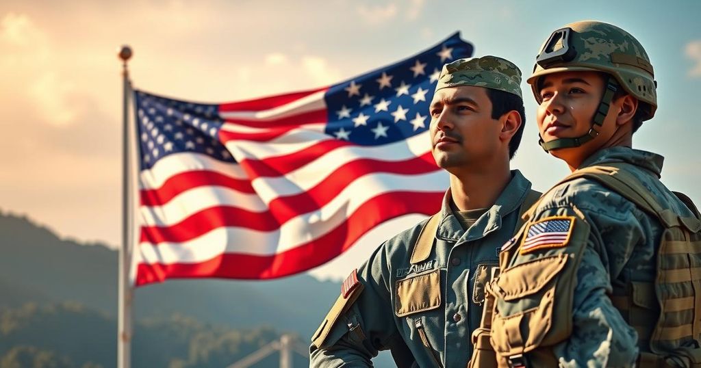 Two soldiers standing united with a U.S. flag, symbolizing hope and friendship between different cultures.