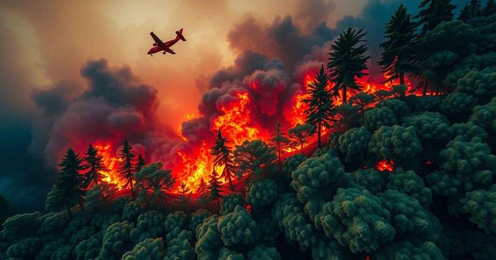 Aerial view of a forest fire in Morocco, with firefighting aircraft in action against flames and smoke.