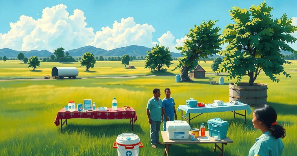 Unity in healthcare: A collaborative medical outreach in a rural setting with healthcare equipment and a bright sky.
