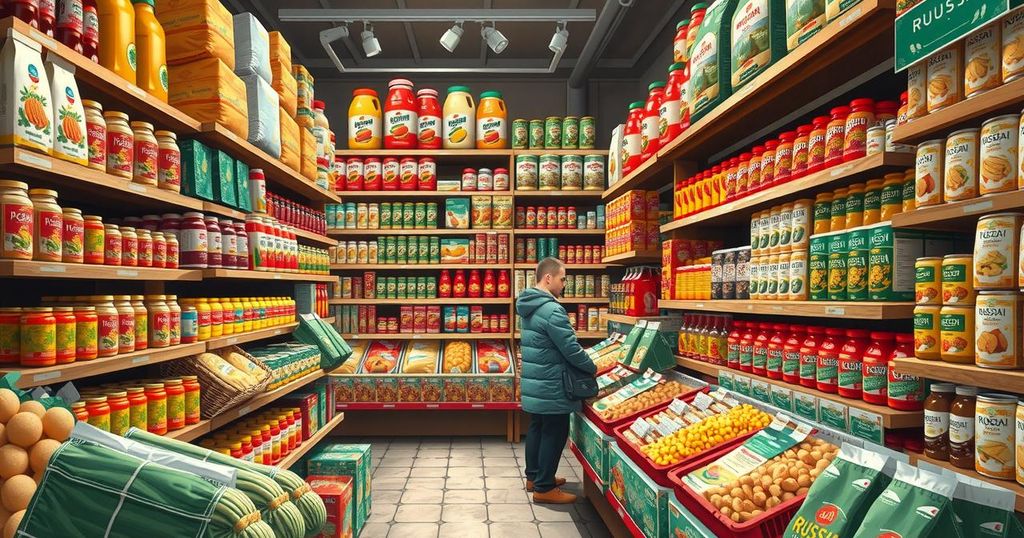 A lush grocery store filled with a variety of Russian foods, showcasing adaptability amidst sanctions.