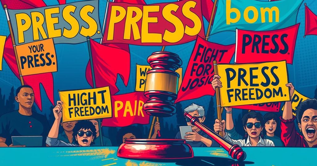 A powerful scene depicting a symbolic protest for press freedom, featuring colorful banners and a prominent gavel.