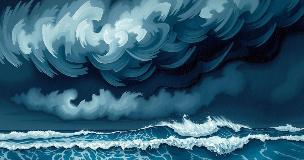 A dark stormy cloud formation with heavy rain pouring over a coastal landscape, illustrating stormy weather.