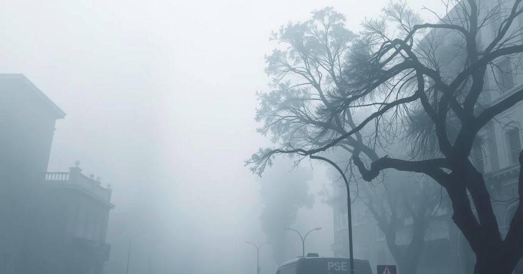 Foggy streets of Buenos Aires create a mysterious atmosphere with muted colors and shadows of buildings and trees.