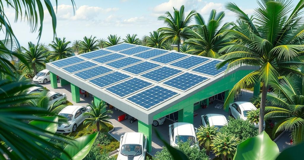 A modern electric vehicle assembly plant with solar panels in a vibrant tropical setting.