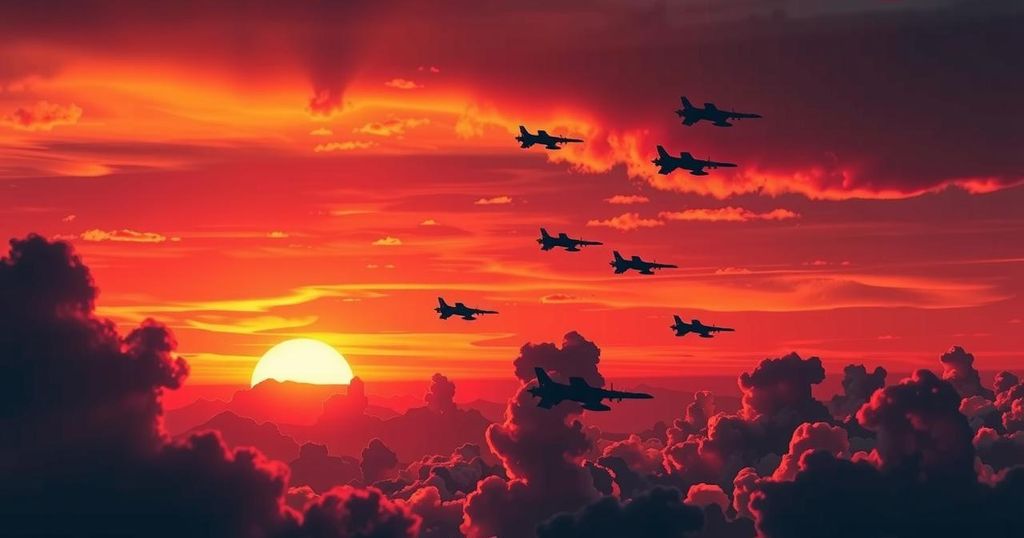 A dramatic sunset with military aircraft flying, symbolizing tension and conflict in a peaceful landscape.