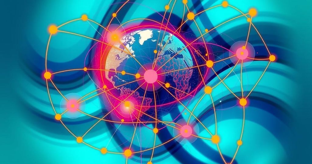 Colorful abstract representation of international relations, showcasing a globe with connecting lines and vibrant elements.