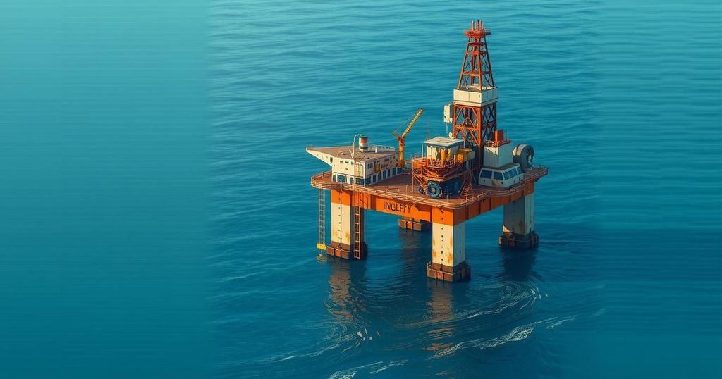 Representation of Argentina's oil industry, focusing on a symbolic oil rig with abstract elements.