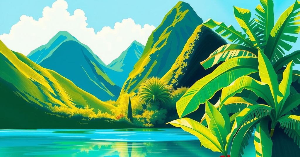 A picturesque view of Saint Lucia's landscape showcasing lush hills and clear blue skies, in tropical colors.