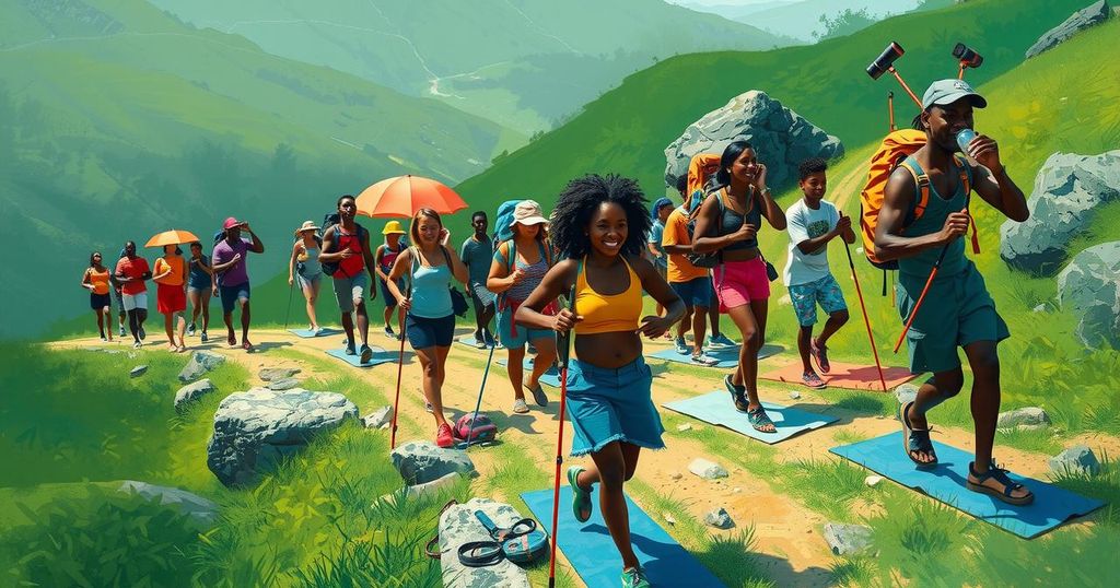 Vibrant hiking scene in Nigeria with green hills, hiking groups, music speakers, and outdoor vendors creating a lively atmosphere.