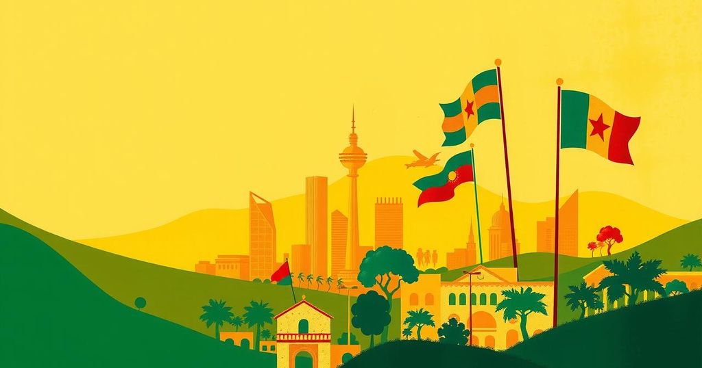 Illustration of a political landscape in Cameroon, featuring abstract flags and symbolic elements for elections.