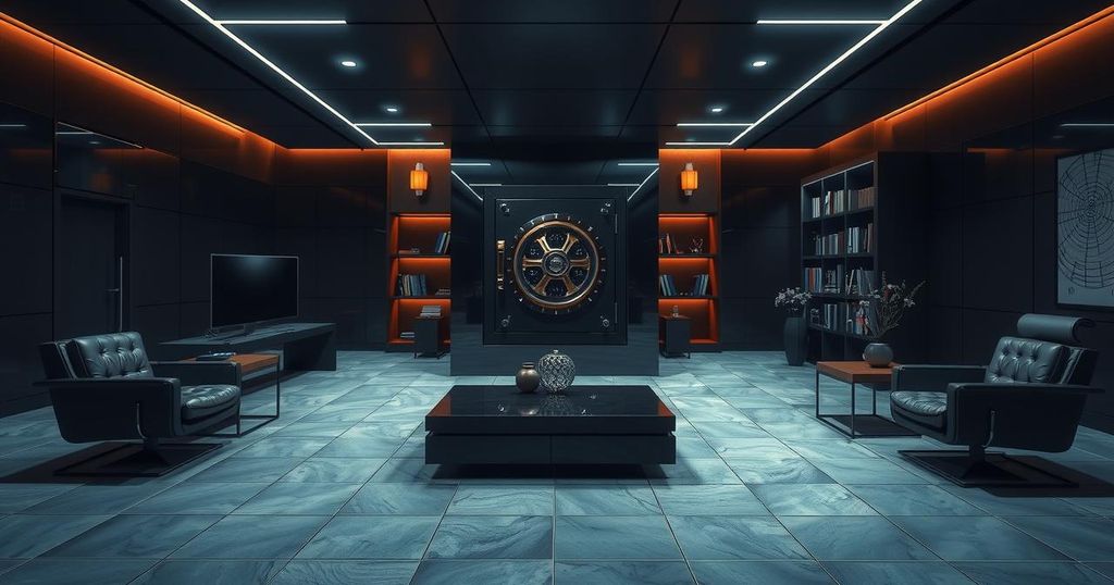 A sleek modern office interior with a safe, dark furniture, and sophisticated lighting. No people present.
