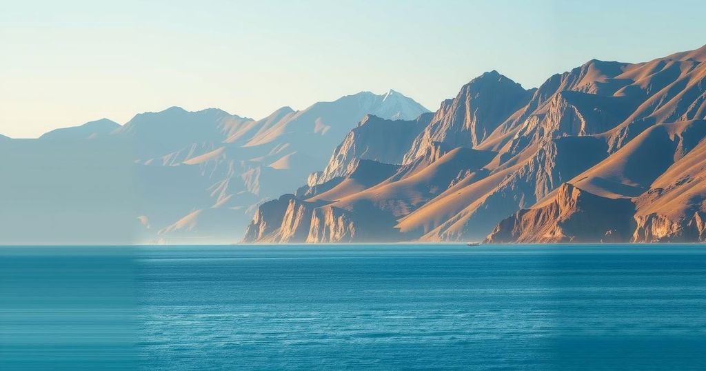 A serene coastal landscape with mountains and blue water, reflecting tranquility during a curfew period.