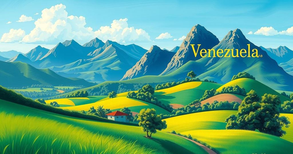 Venezuelan landscape with mountains, bright green fields, and clear blue skies representing hope and homecoming.