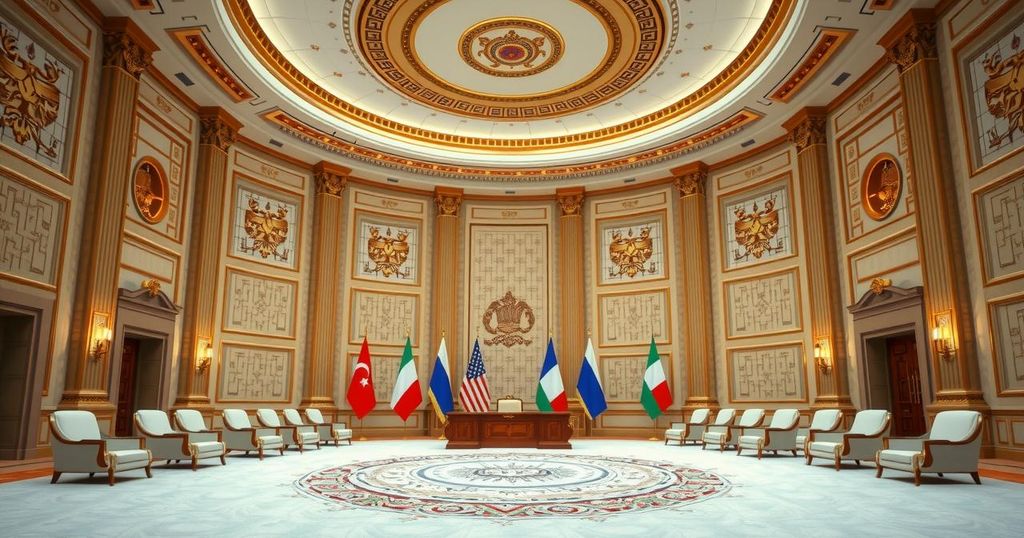 White House meeting backdrop featuring flags and elegant decor; signifies diplomatic relations.