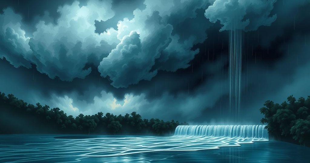 Flood watch alert with dark clouds, heavy rain, and flowing water in a landscape scene. Atmospheric conditions depicted.
