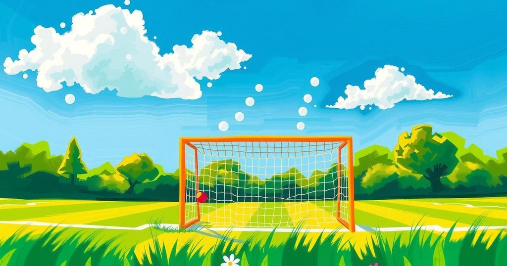 Stylish soccer field with a vibrant green pitch and colorful goalposts under a bright, sunny sky.