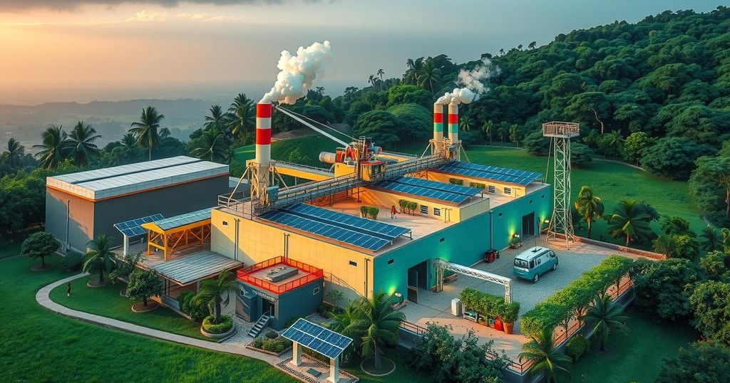 A vibrant lithium mining facility with solar-powered charging stations set in a green landscape in Nigeria.
