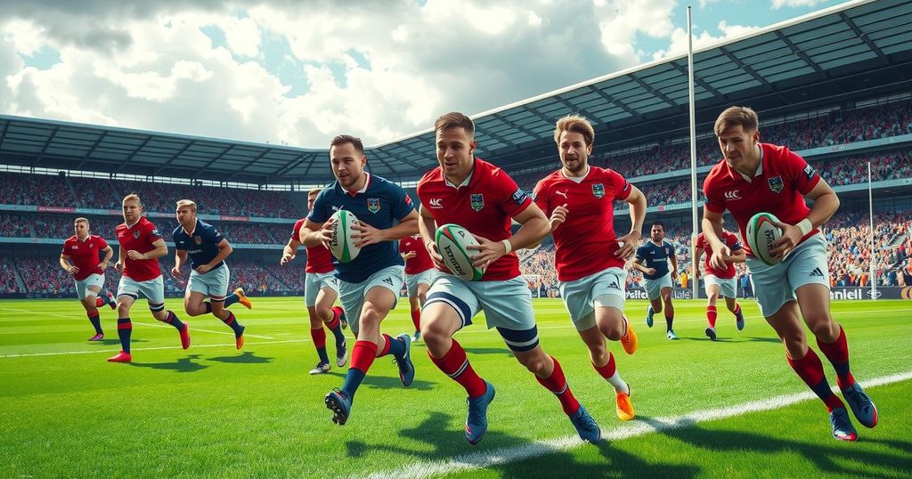England rugby team formation with players in action at Audi Field, vibrant color scheme, dynamic sports style.