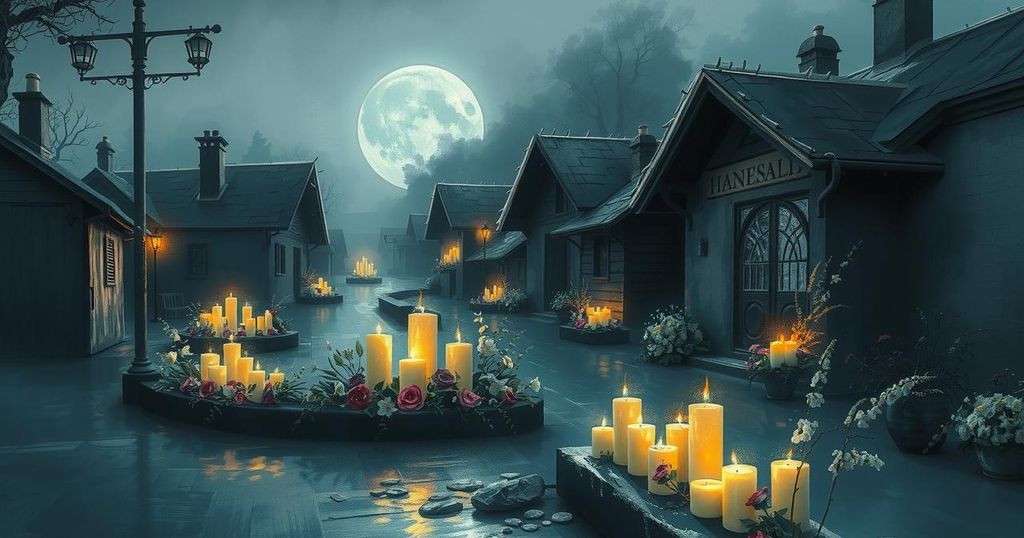 A somber community gathering with candles and flowers in a village honoring a lost child.
