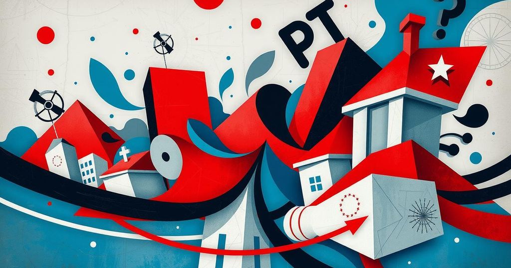 Dynamic composition of abstract political landscape reflecting unpredictability in governance, featuring bold colors and chaotic forms.