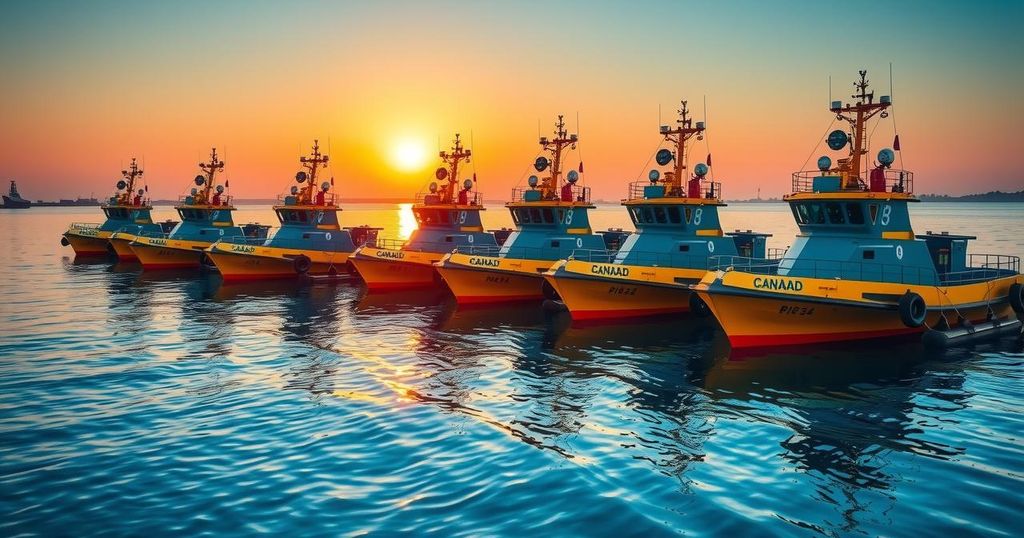 Newly designed tugs in Canadian style, showcasing delivery to global locations like Australia and Egypt with blue ocean background.