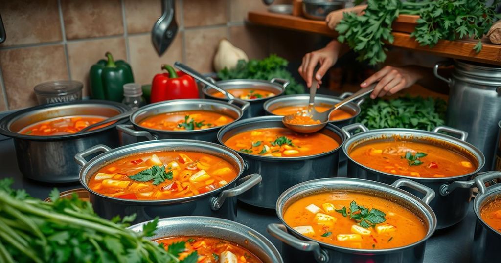 A vibrant kitchen filled with pots, colorful vegetables, and aromatic herbs, symbolizing community cooking for a cause.