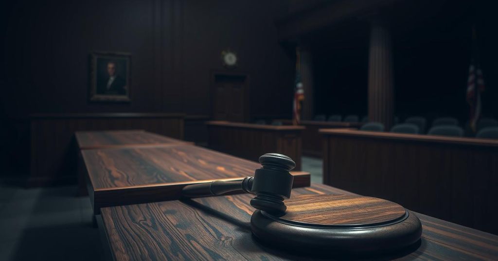 A dark courtroom with a gavel, symbolizing justice and the legal system.