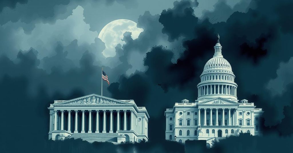 A symbolic depiction of political turmoil and negotiations, featuring abstract buildings and a stormy sky.