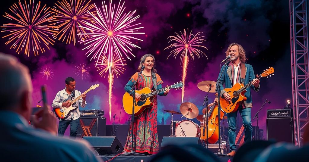 Vancouver Folk Fest stage with vibrant Moroccan-French band performing under fireworks and a colorful sky.