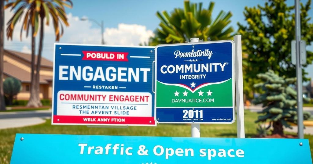 A Republican campaign sign with a focus on community issues and local governance, set against a vibrant background.